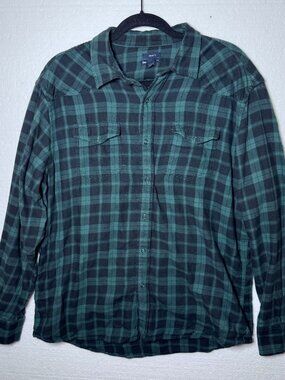 Gap Mens L Green Plaid Classic Fit Long Sleeve Snap Front Shirt Cotton Flannel